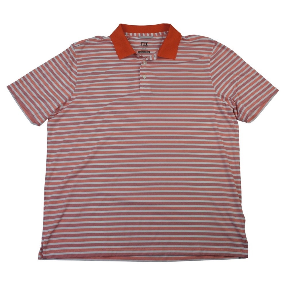 Cutter & Buck Mens Striped Polo Shirt XL Orange Purple White DryTec Golf Casual‎